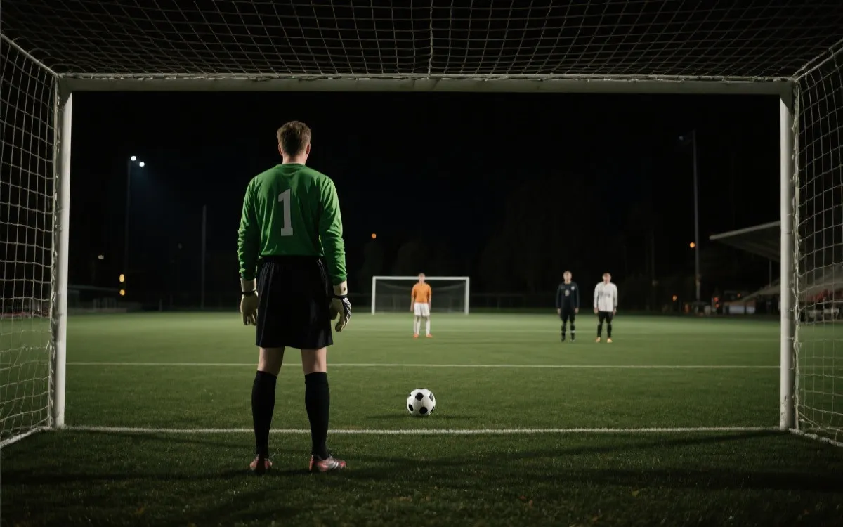 淘汰赛点球大战前的紧张瞬间，球员与门将对峙