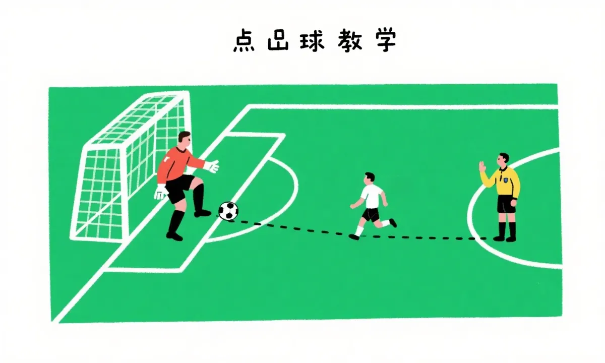 点球大战规则示意：门将脚在门线上、罚球者助跑与裁判手势的简洁图解