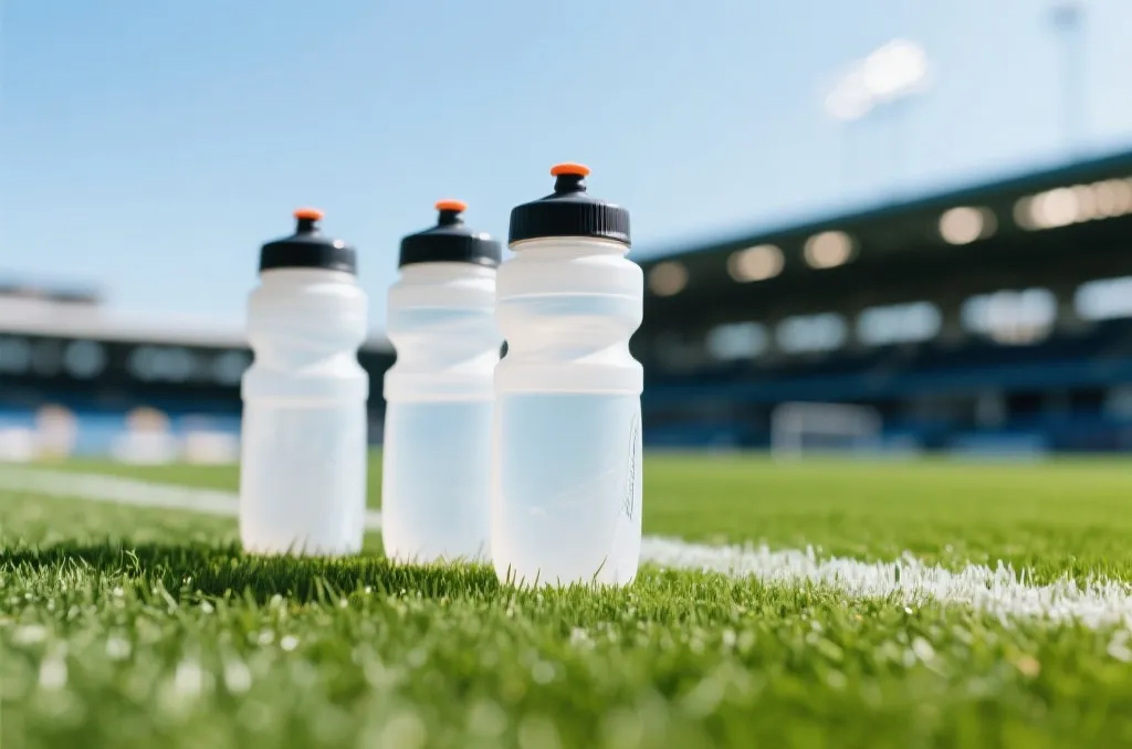 A close-up of sports water bottles on a green sideline grass, blurred stadium background, sunny day, editorial sports photography